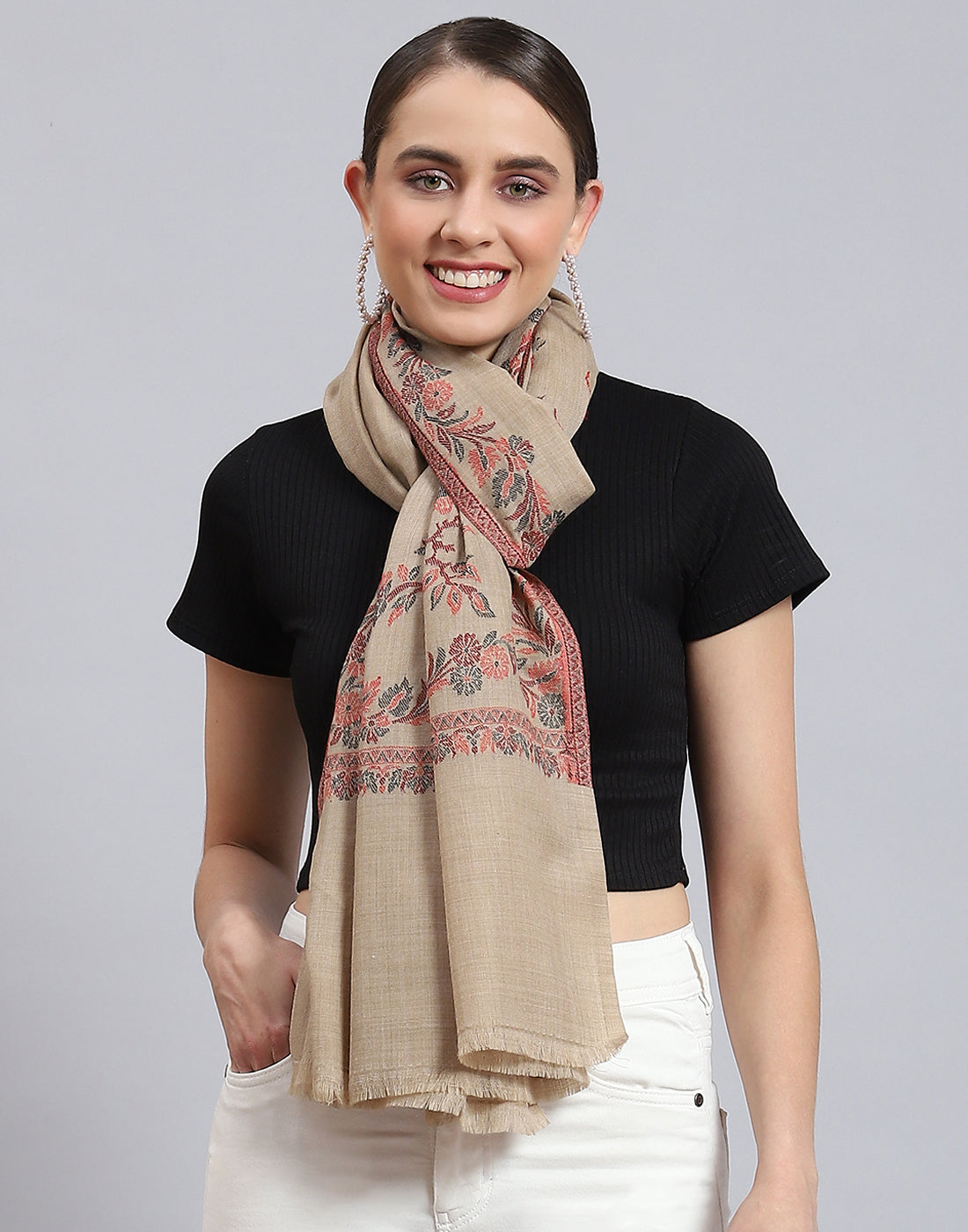 Women Beige Self Design Stole