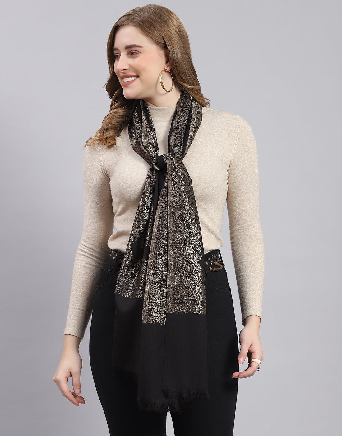 Women Black Self Design Stole