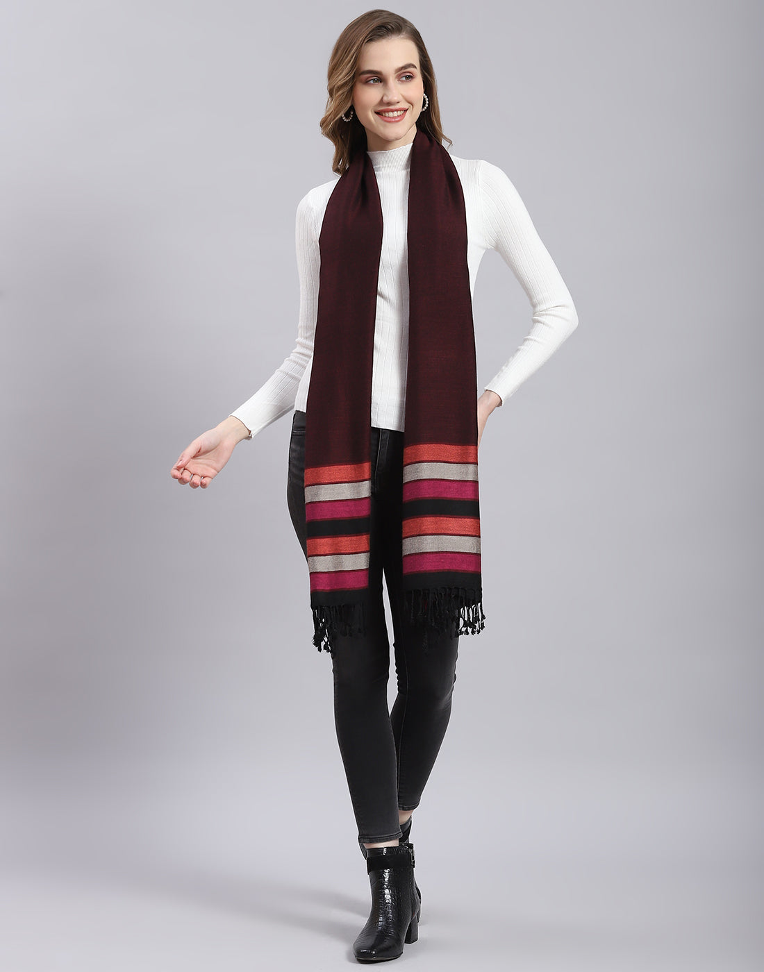 Women Maroon Self Design Stole