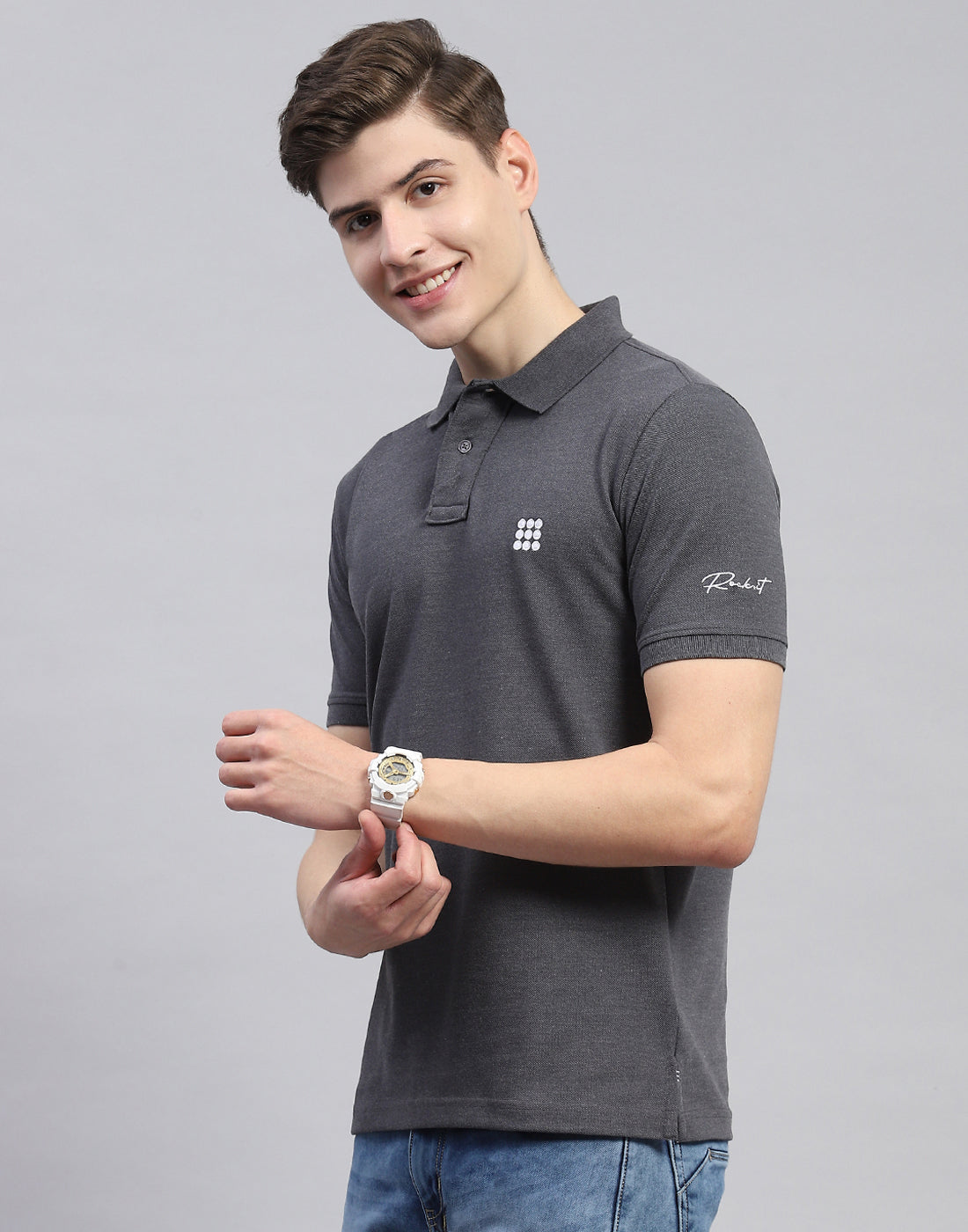 Men Charcoal Solid Polo Collar Half Sleeve T-Shirt