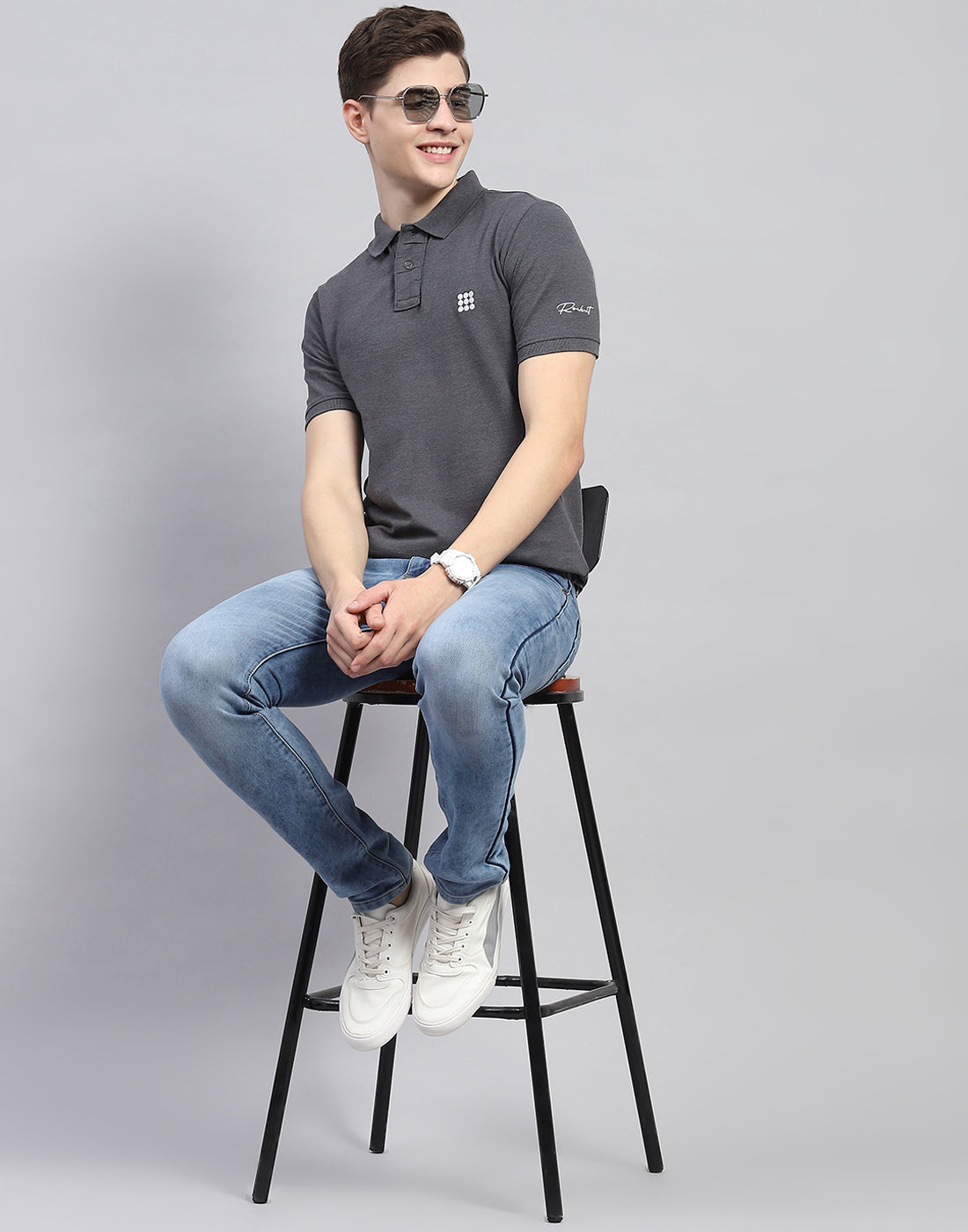 Men Charcoal Solid Polo Collar Half Sleeve T-Shirt