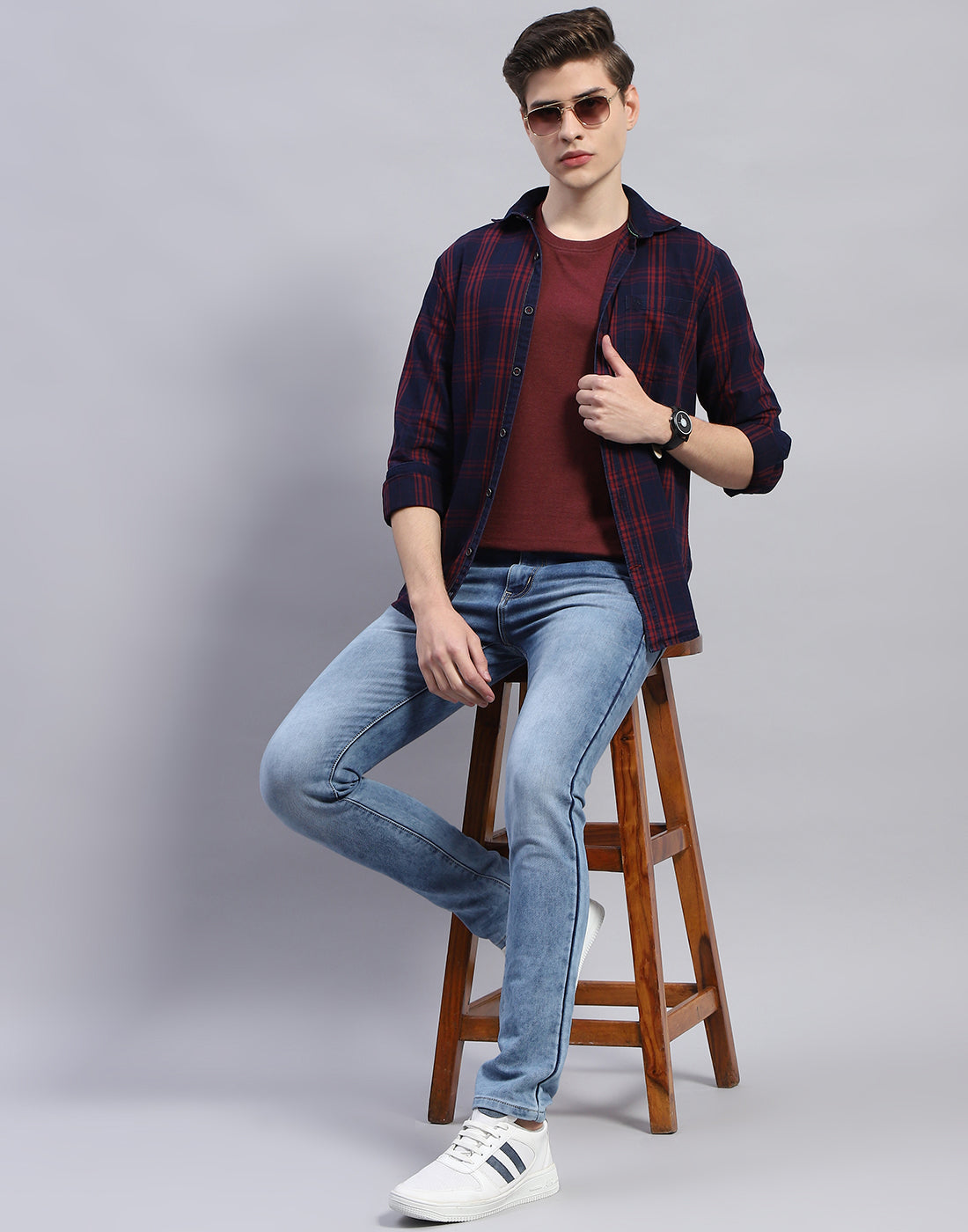 Men Maroon Check Collar Full Sleeve Shirt