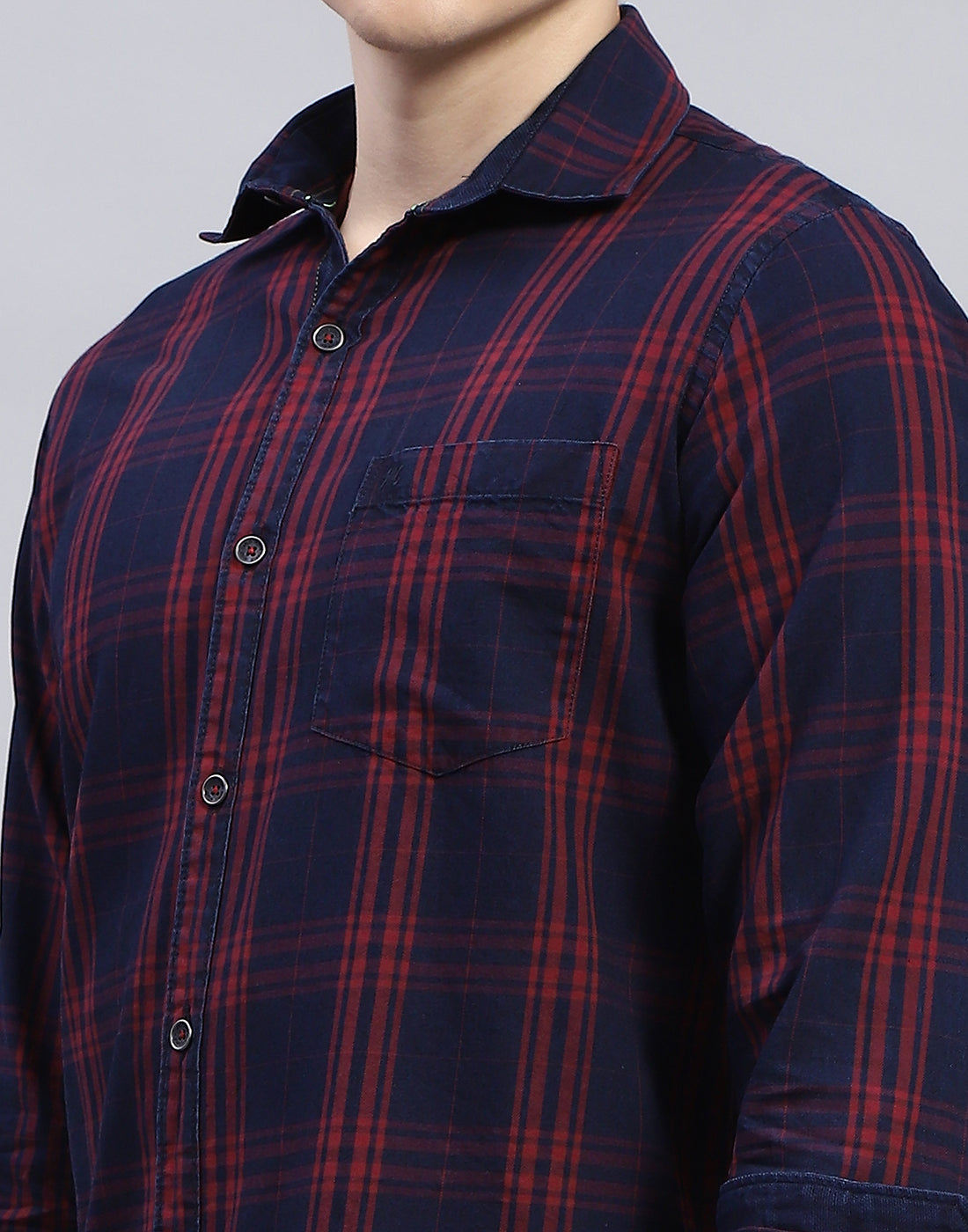 Men Maroon Check Collar Full Sleeve Shirt