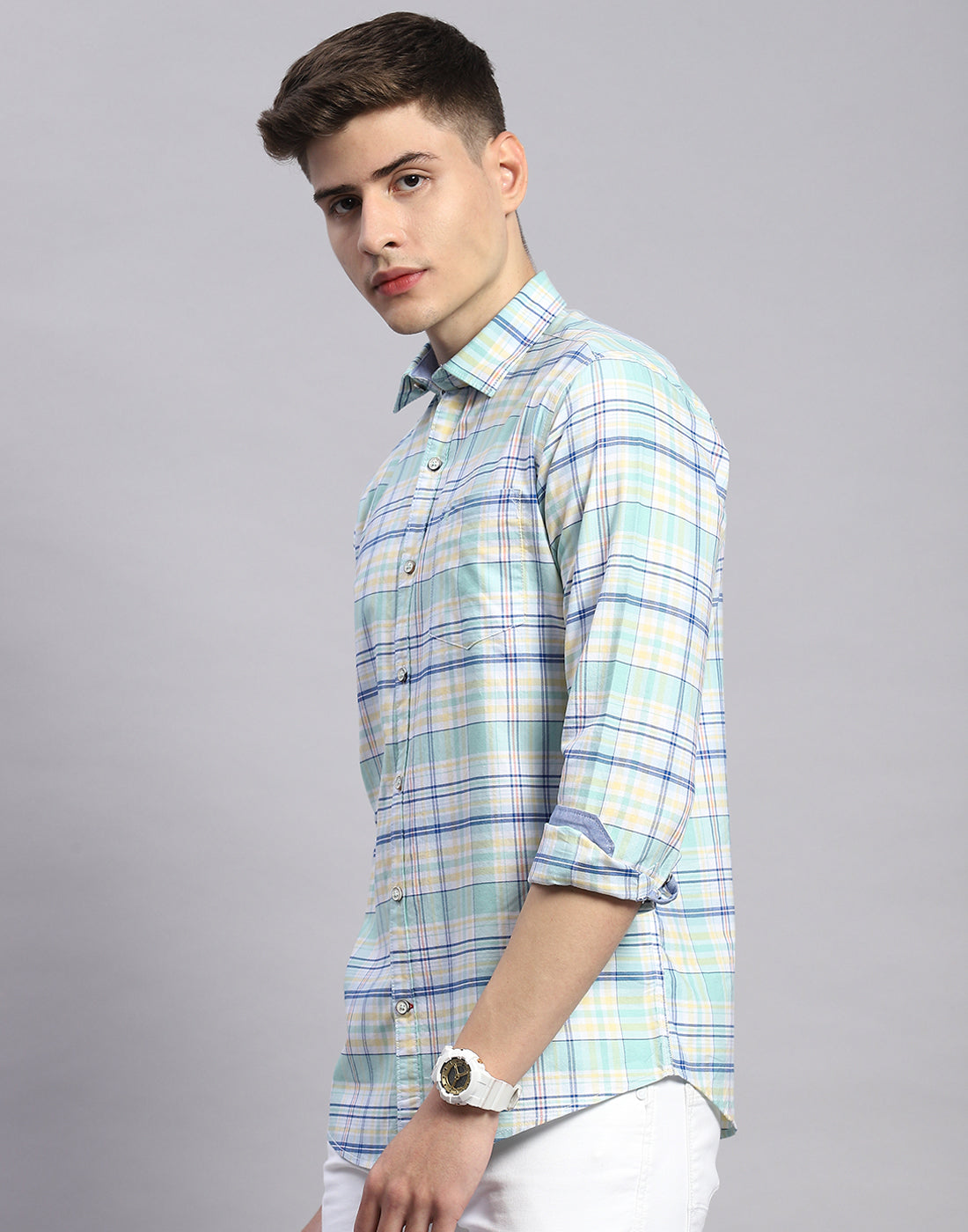 Men Green Check Collar Full Sleeve Shirt