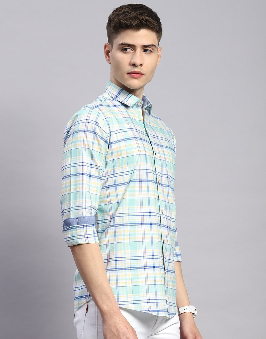 Men Green Check Collar Full Sleeve Shirt