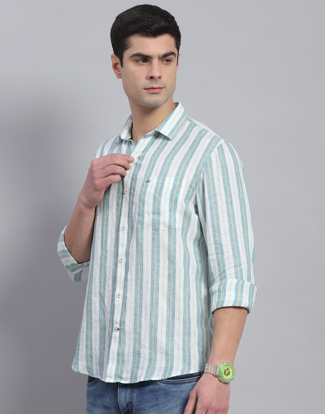 Men Green Stripe Collar Full Sleeve Shirt