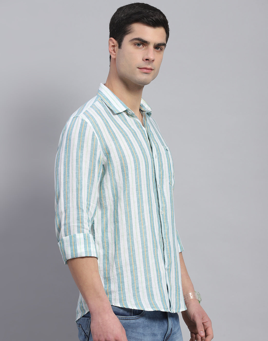 Men Green Stripe Collar Full Sleeve Shirt