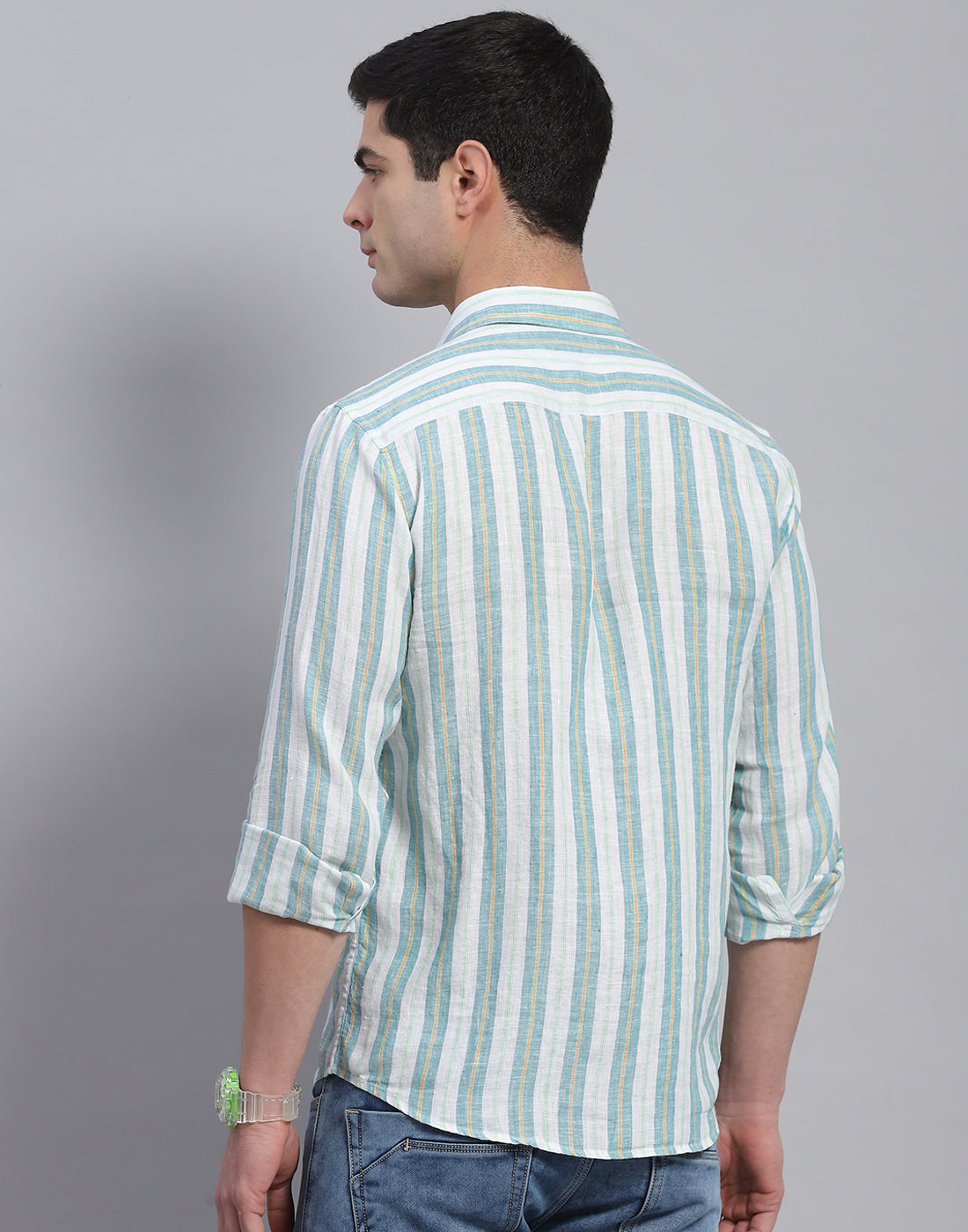 Men Green Stripe Collar Full Sleeve Shirt