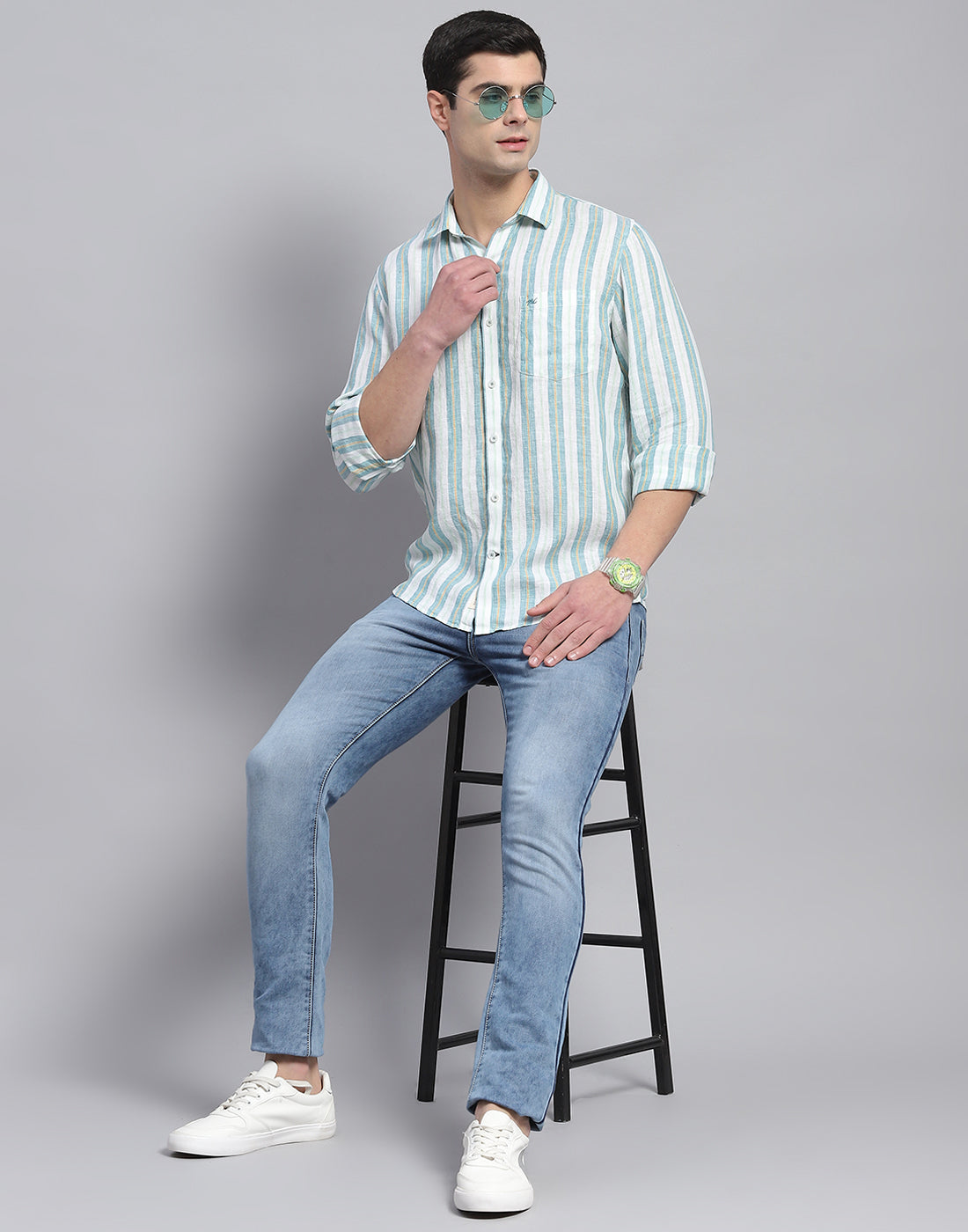 Men Green Stripe Collar Full Sleeve Shirt
