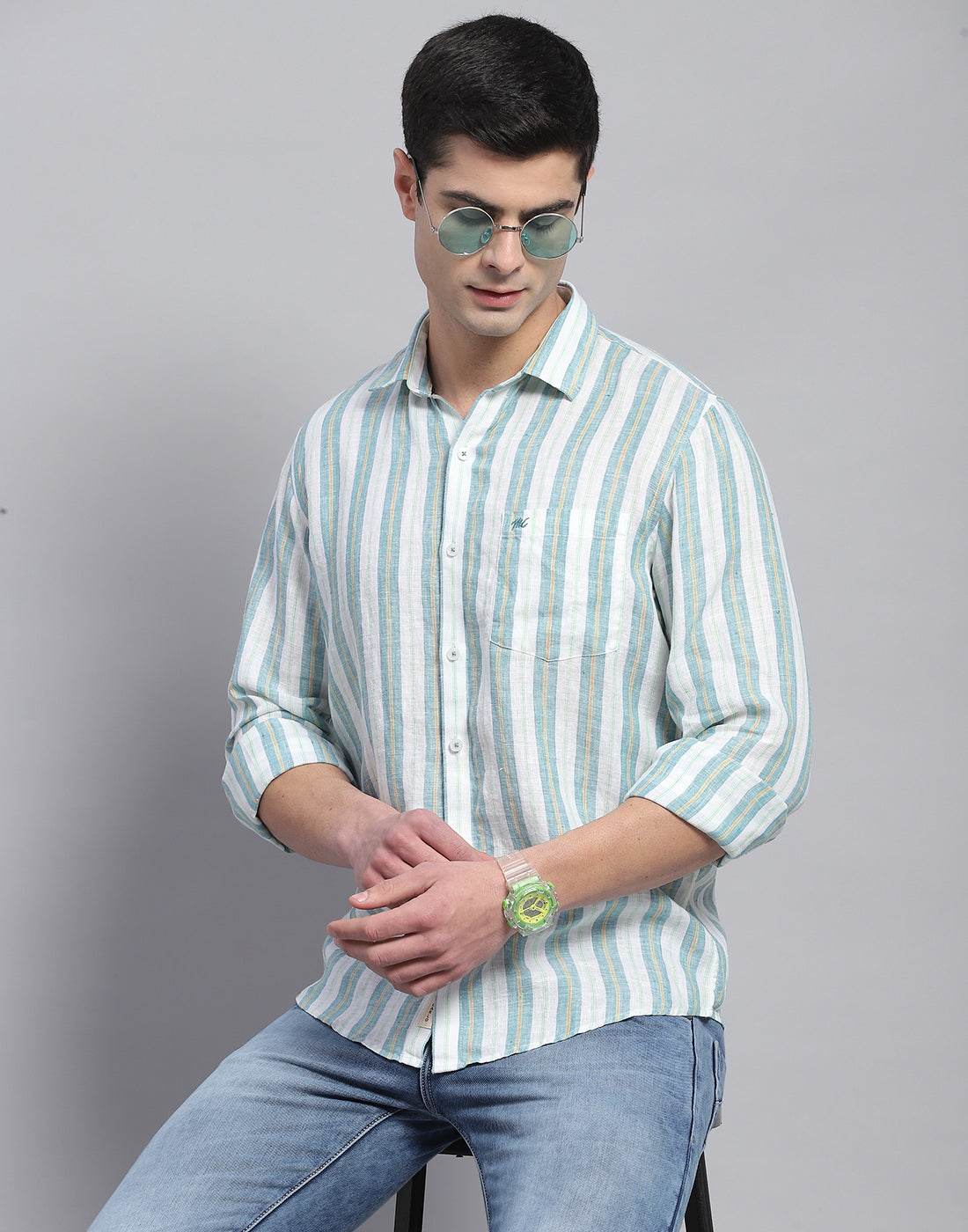 Men Green Stripe Collar Full Sleeve Shirt