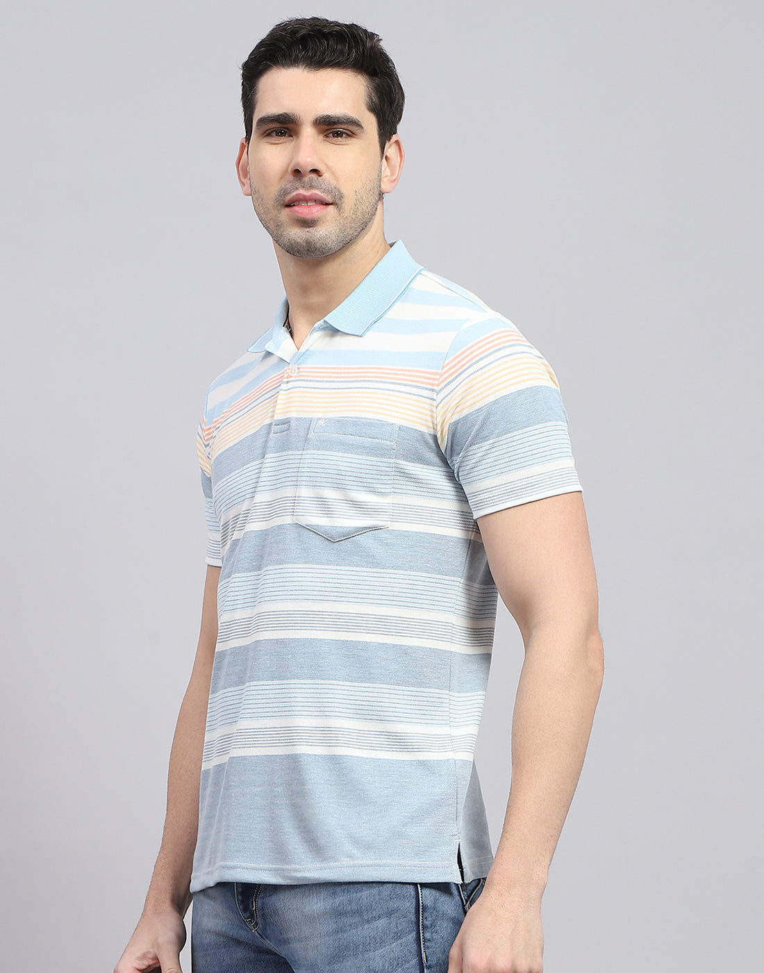 Men Blue Stripe Polo Collar Half Sleeve T-Shirt