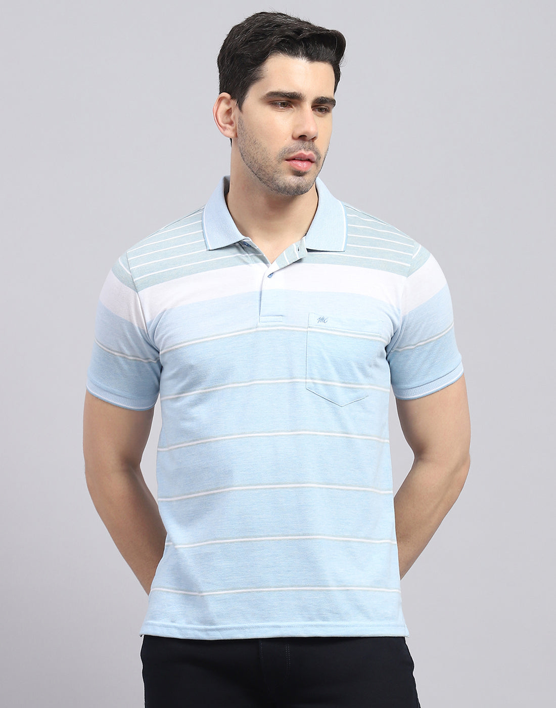 Men Blue Stripe Polo Collar Half Sleeve T-Shirt
