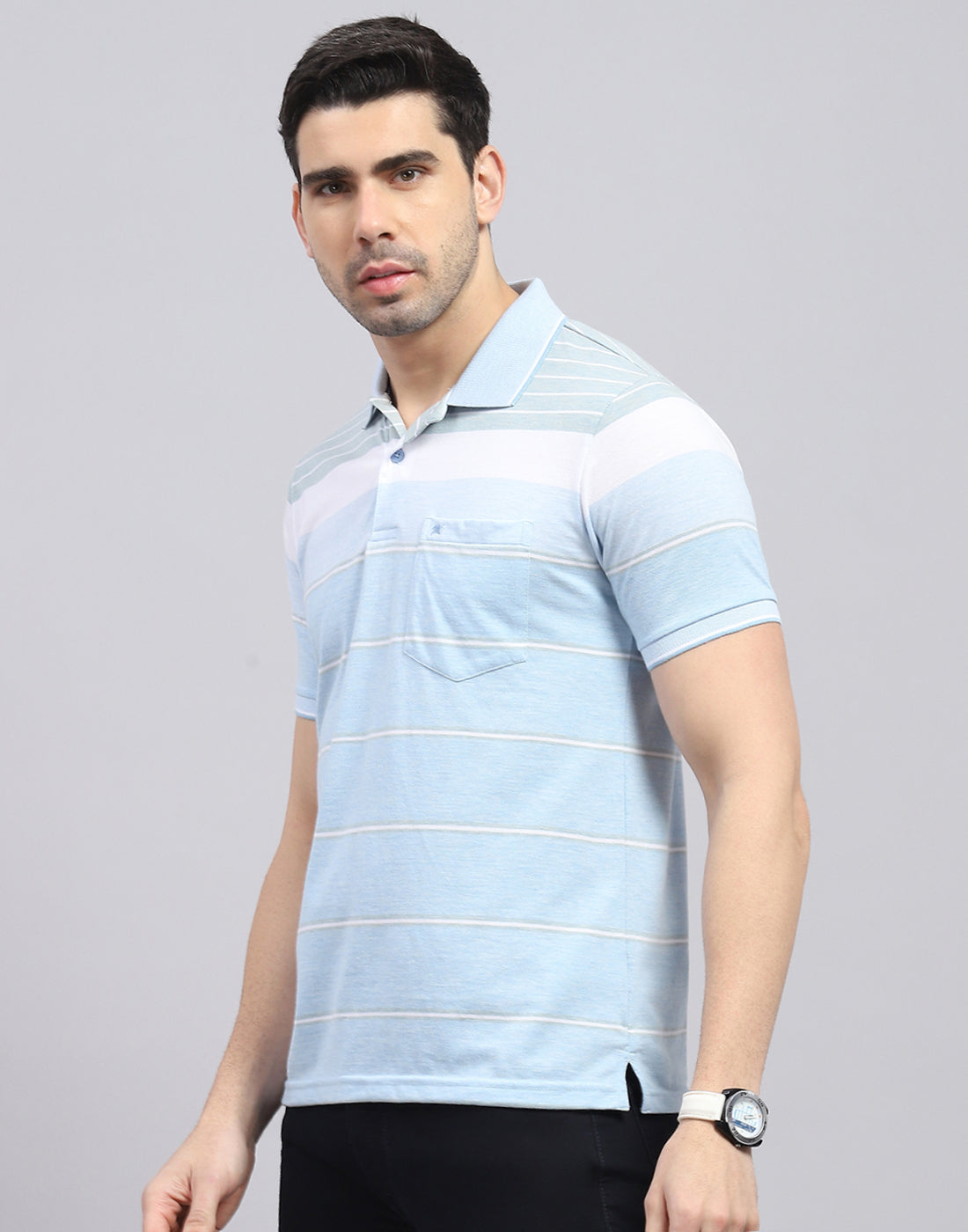 Men Blue Stripe Polo Collar Half Sleeve T-Shirt