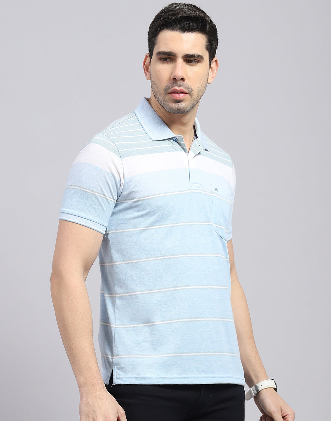 Men Blue Stripe Polo Collar Half Sleeve T-Shirt