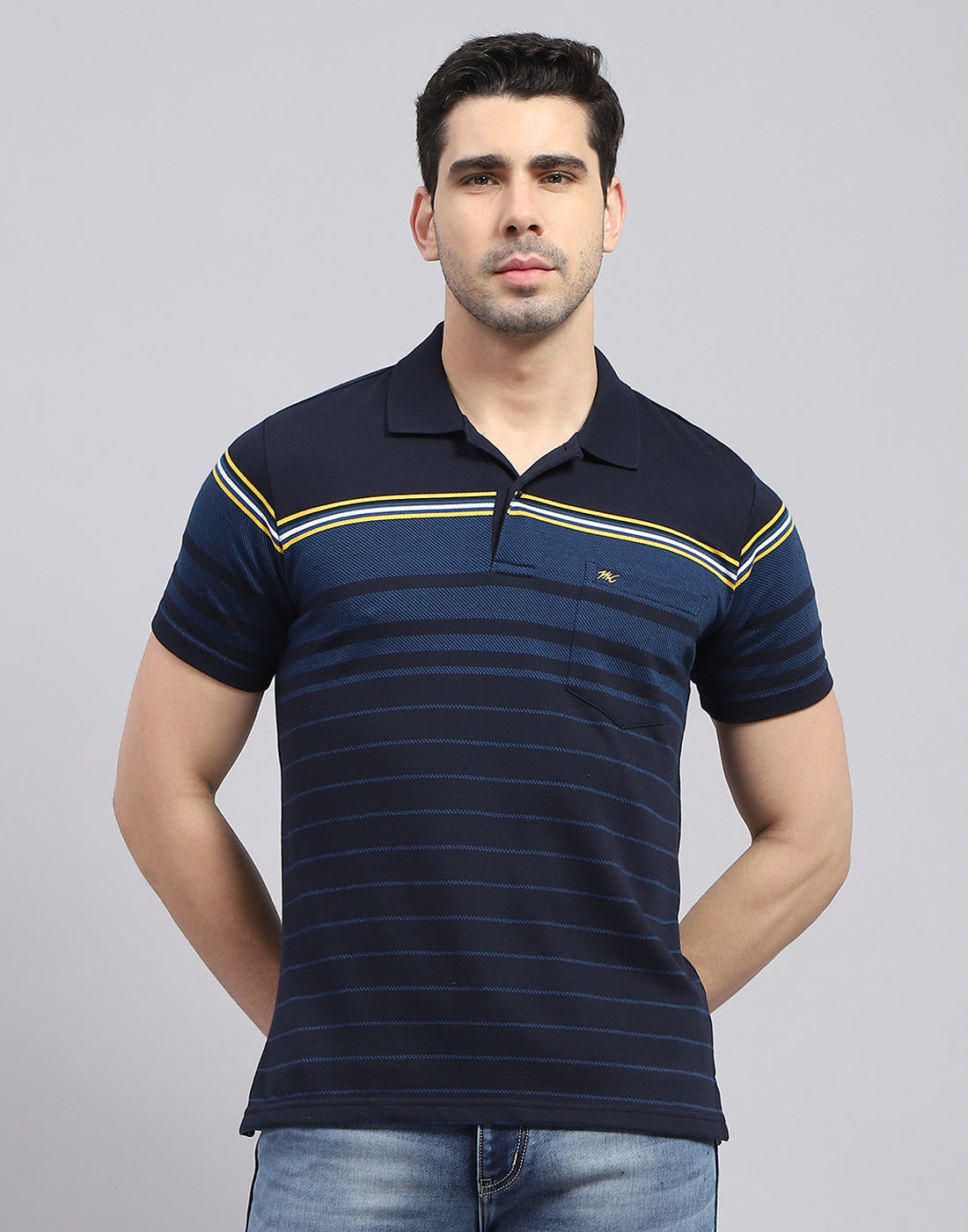 Men Navy Blue Stripe Polo Collar Half Sleeve T-Shirt