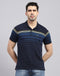 Men Navy Blue Stripe Polo Collar Half Sleeve T-Shirt