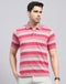 Men Red Stripe Polo Collar Half Sleeve T-Shirt