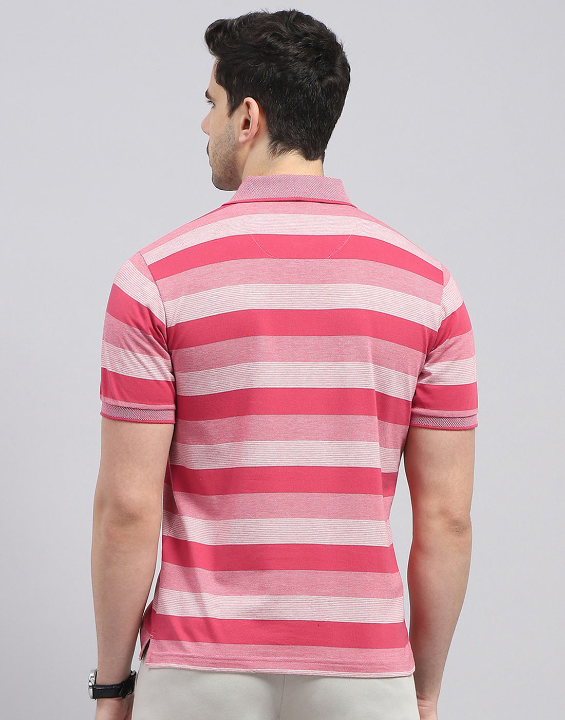 Men Red Stripe Polo Collar Half Sleeve T-Shirt