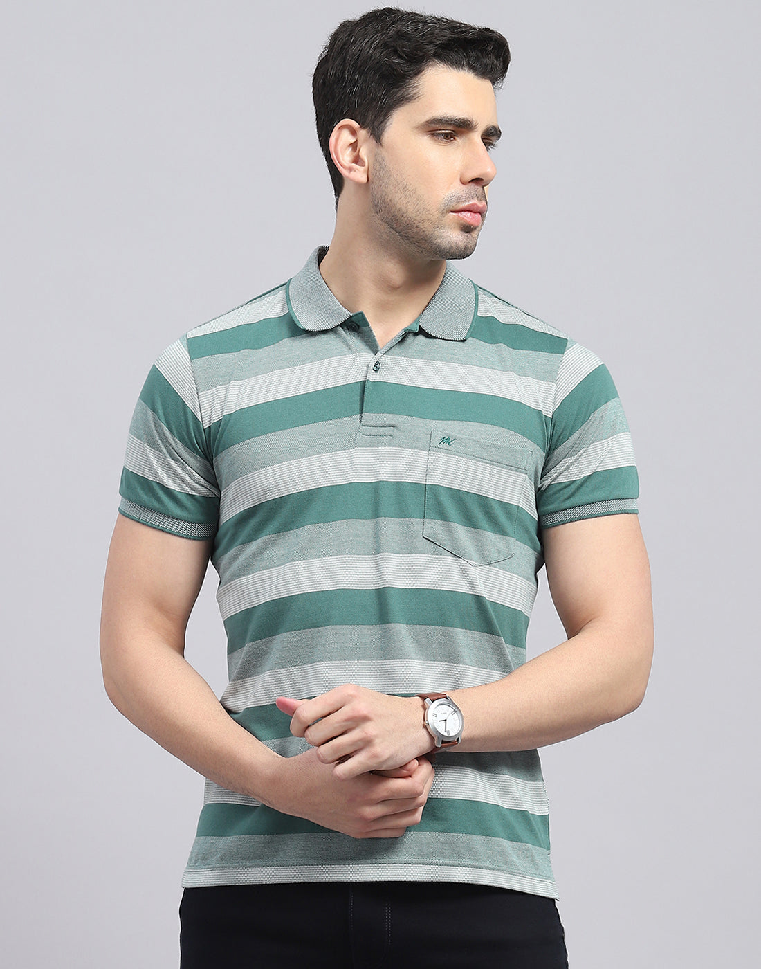 Men Green Stripe Polo Collar Half Sleeve T-Shirt