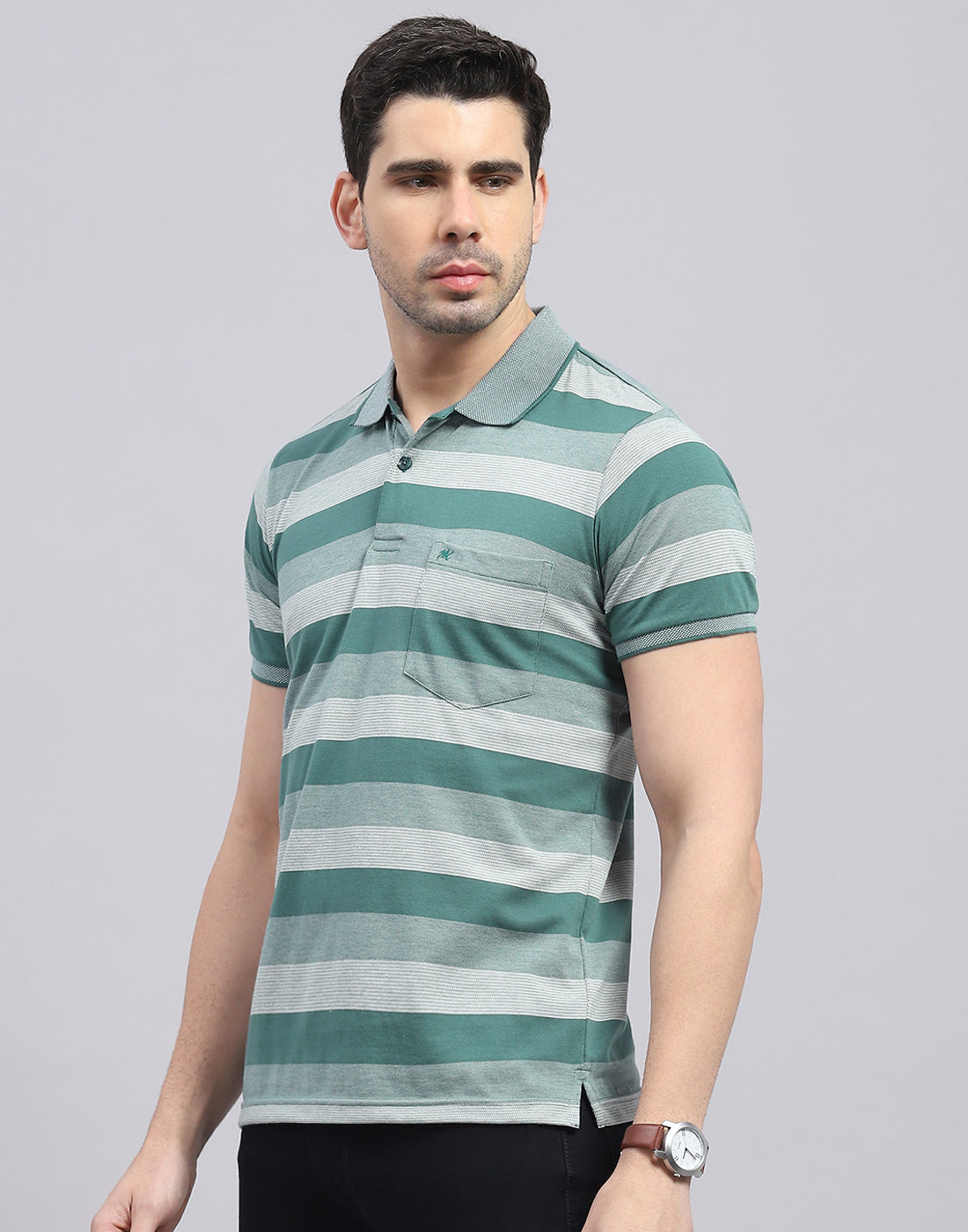 Men Green Stripe Polo Collar Half Sleeve T-Shirt
