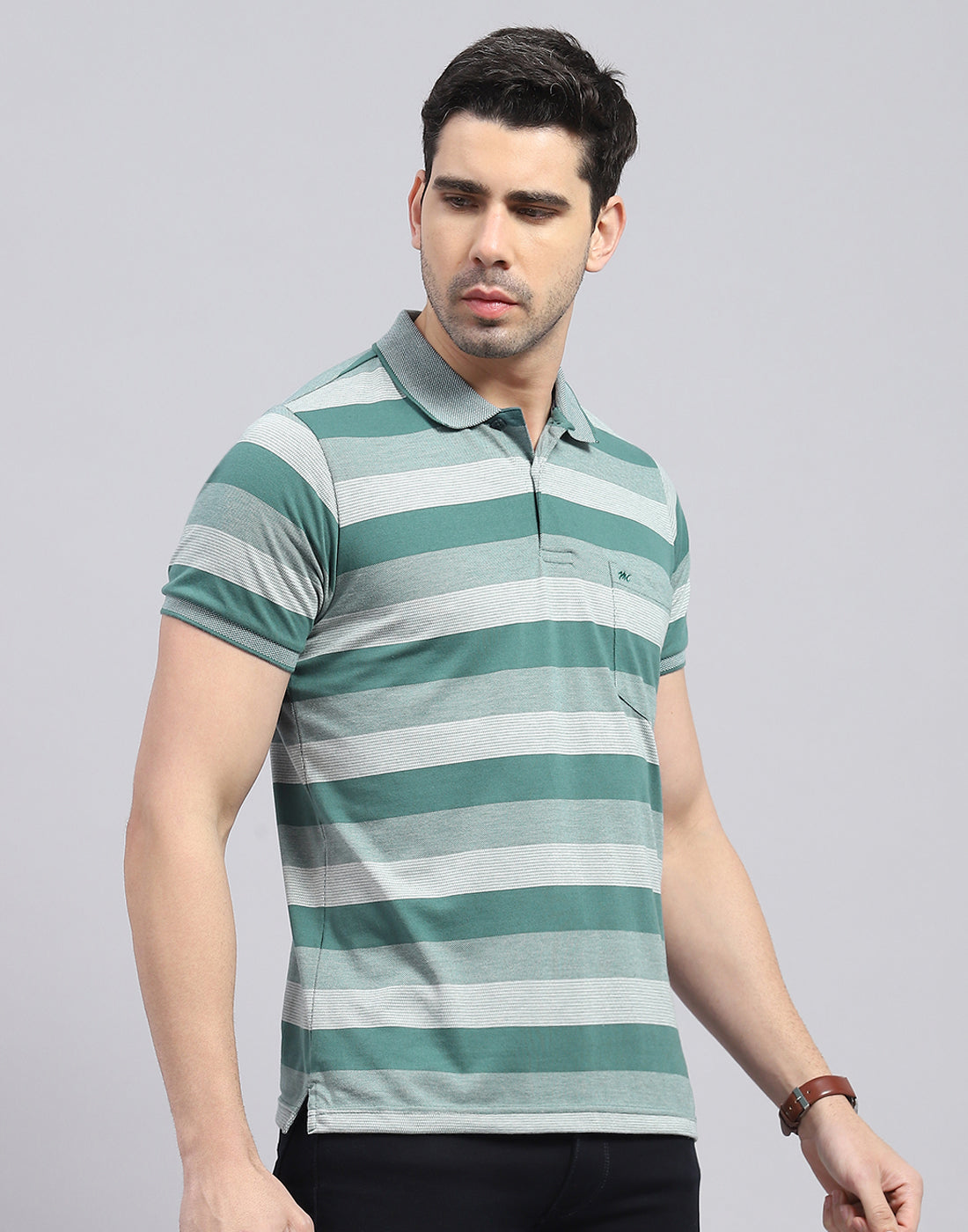 Men Green Stripe Polo Collar Half Sleeve T-Shirt