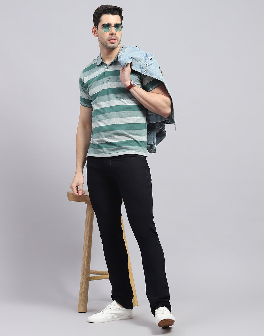 Men Green Stripe Polo Collar Half Sleeve T-Shirt