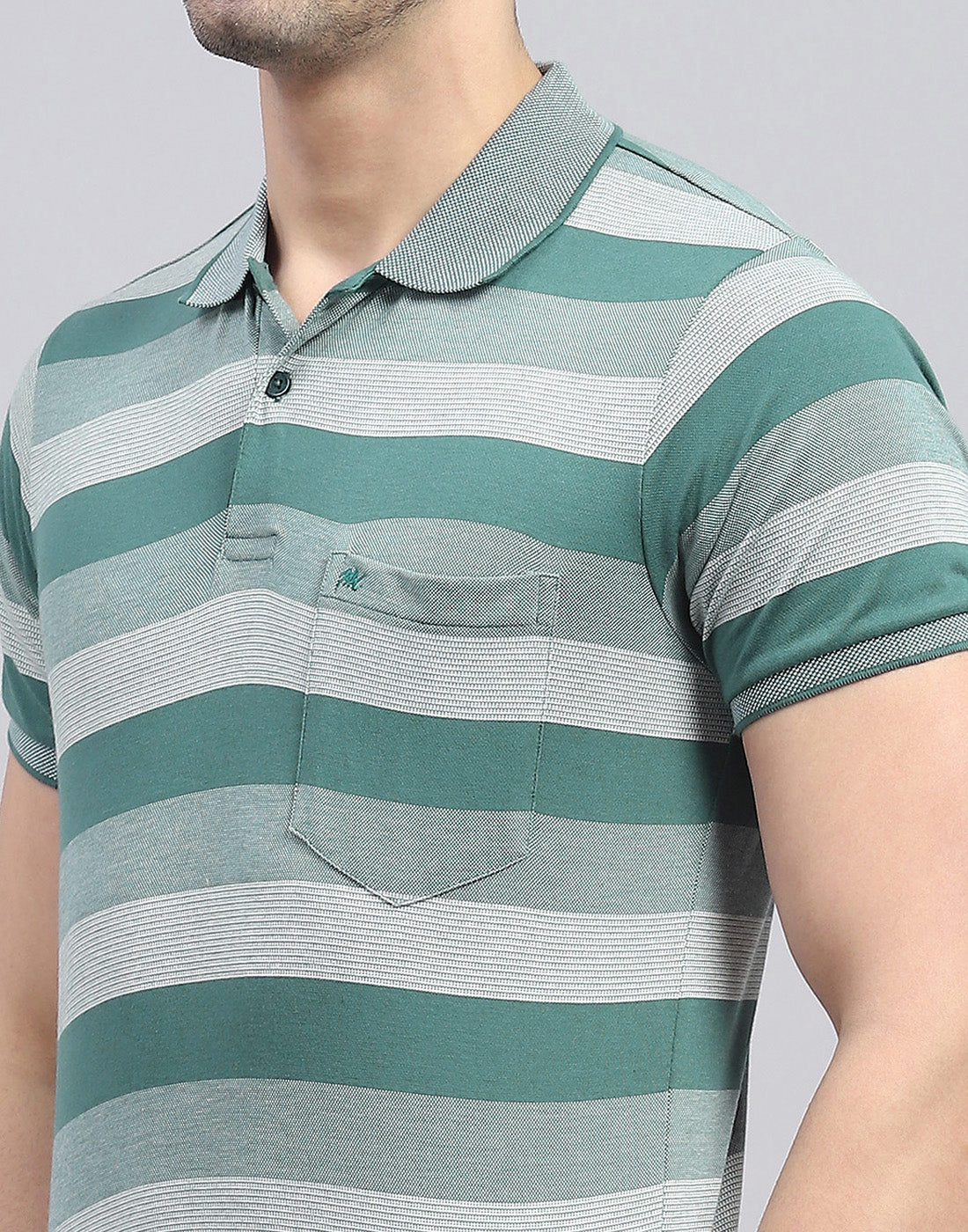 Men Green Stripe Polo Collar Half Sleeve T-Shirt