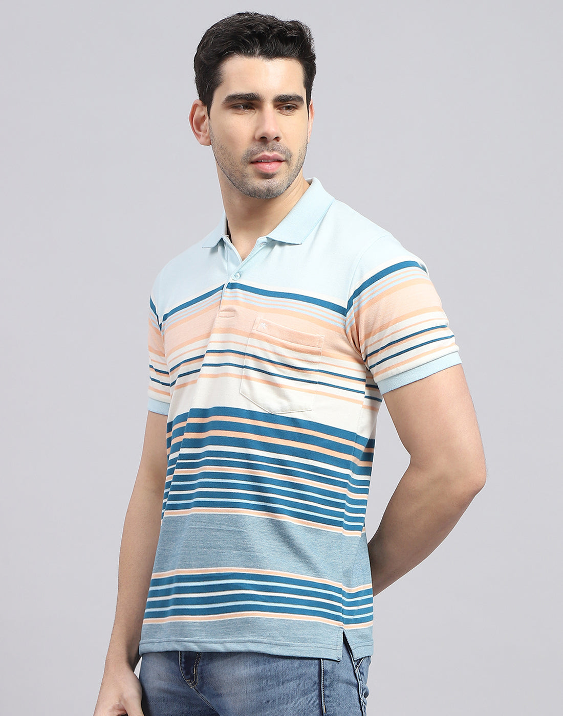 Men Blue Stripe Polo Collar Half Sleeve T-Shirt