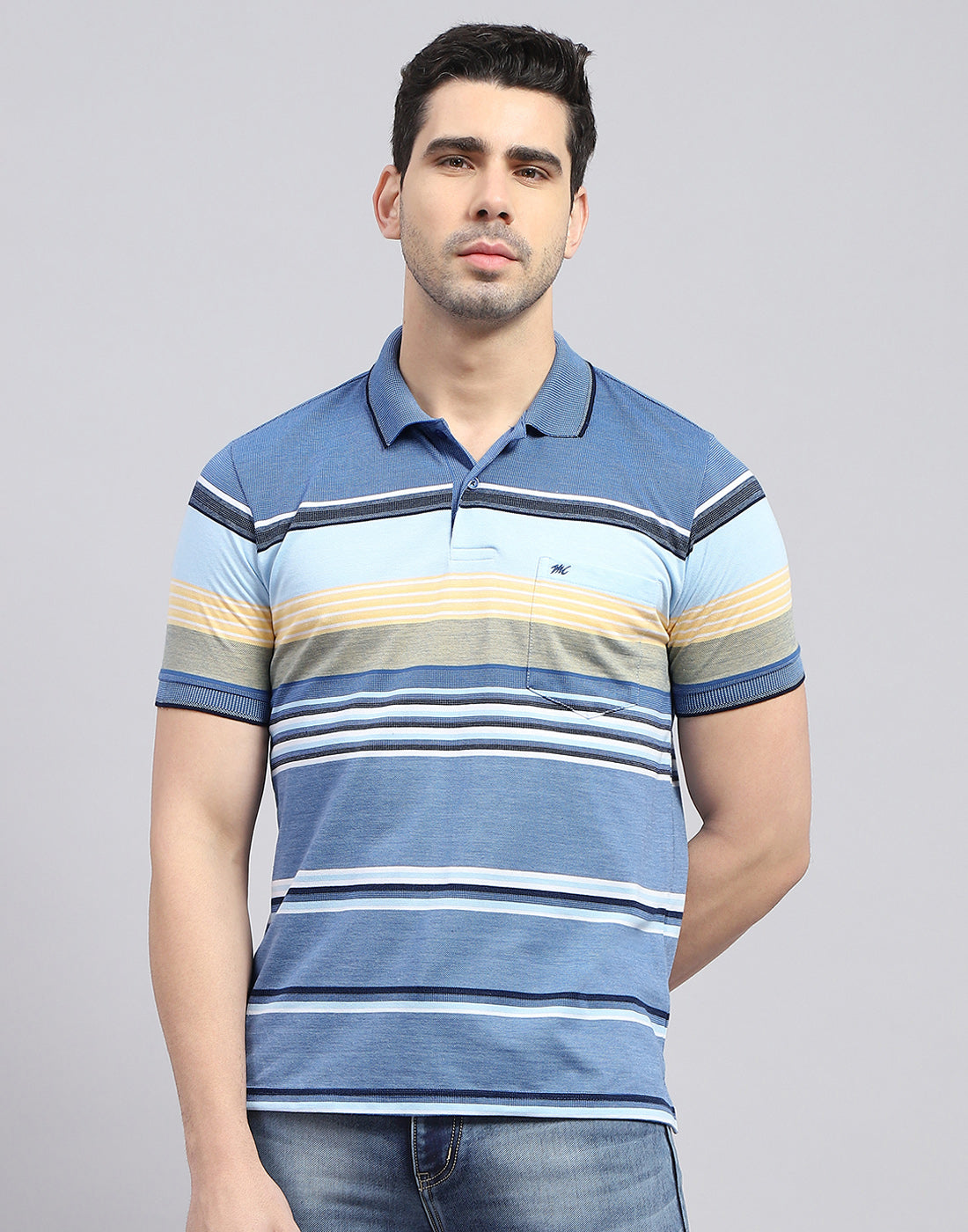Men Blue Stripe Polo Collar Half Sleeve T-Shirt