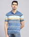 Men Blue Stripe Polo Collar Half Sleeve T-Shirt
