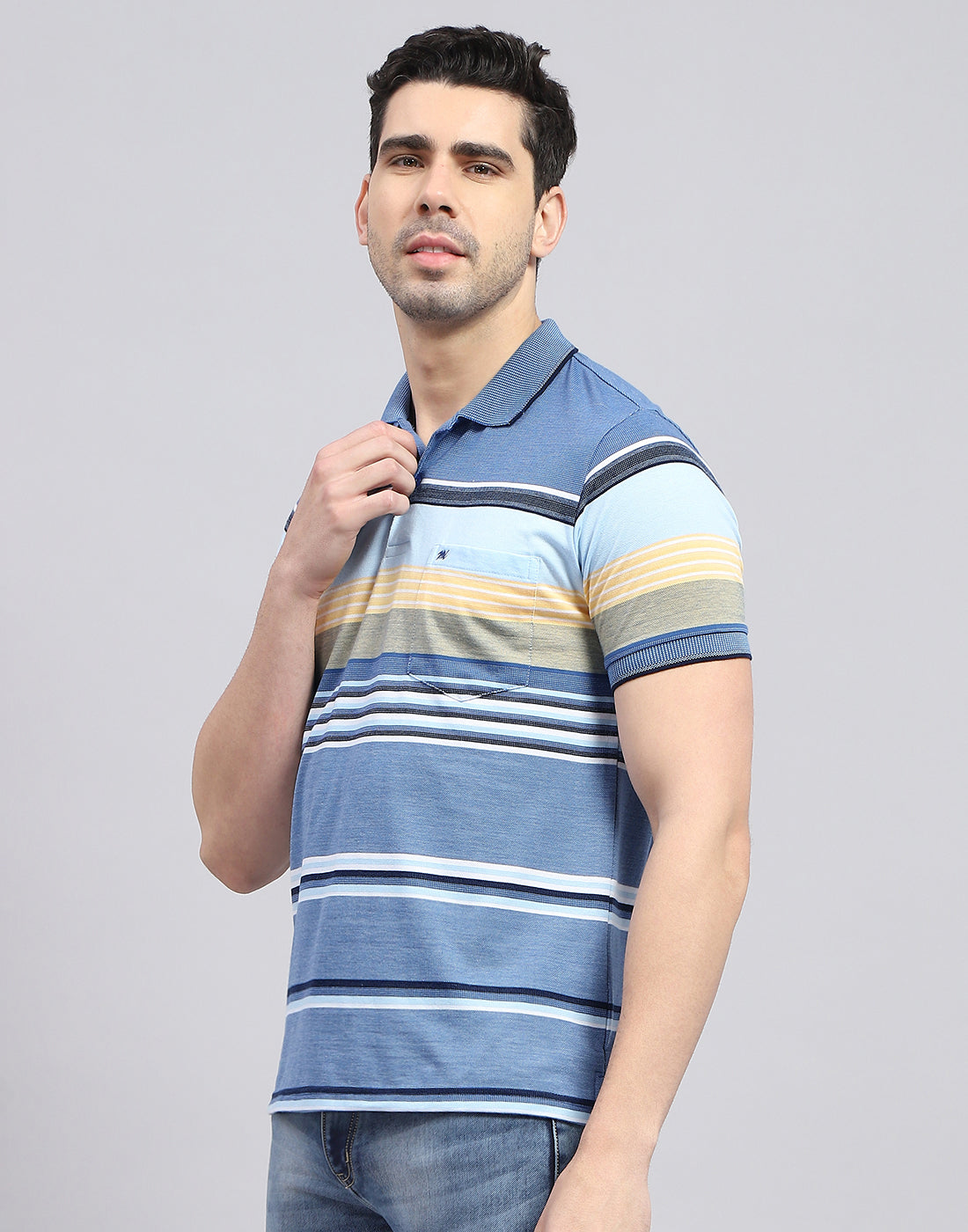 Men Blue Stripe Polo Collar Half Sleeve T-Shirt