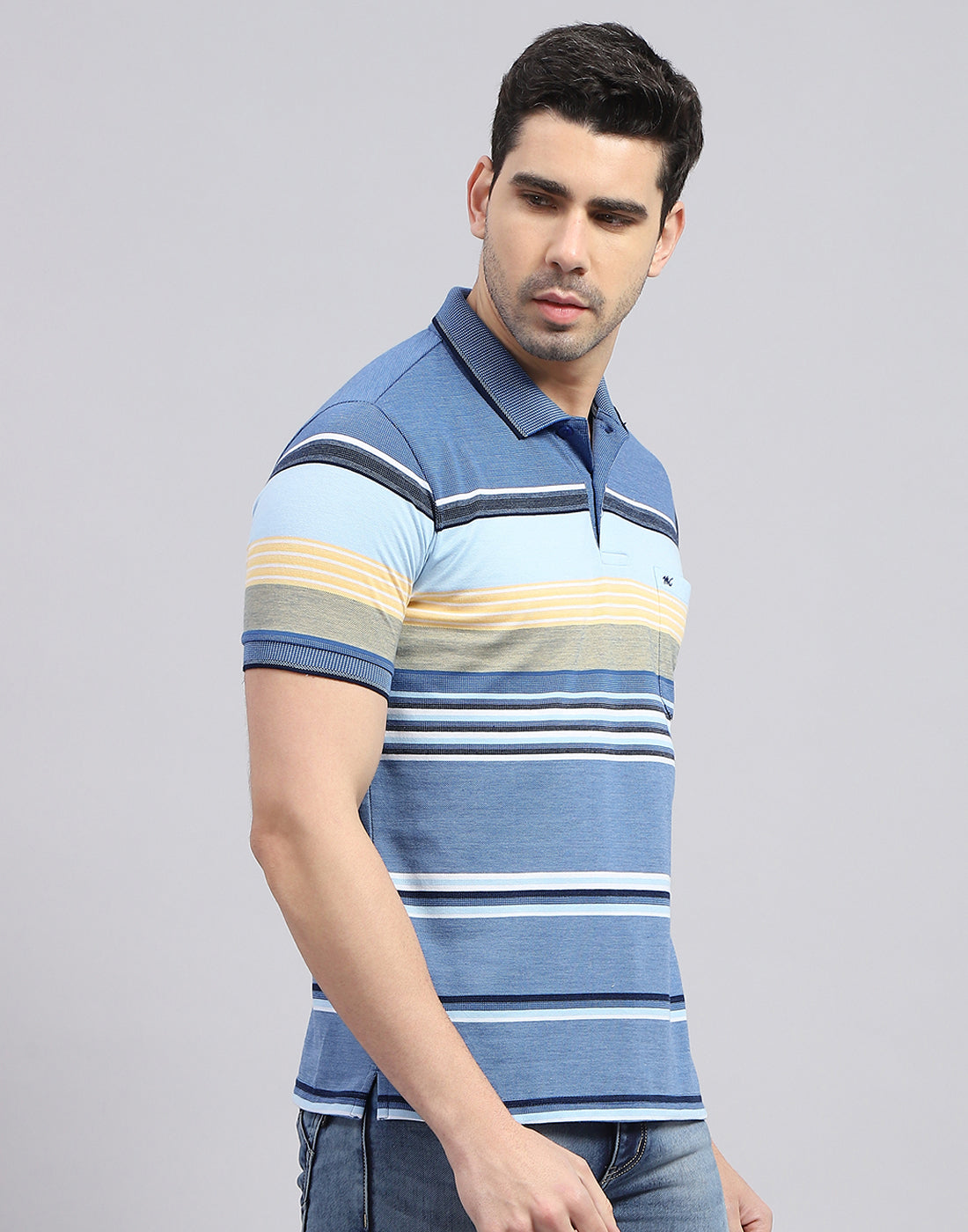 Men Blue Stripe Polo Collar Half Sleeve T-Shirt