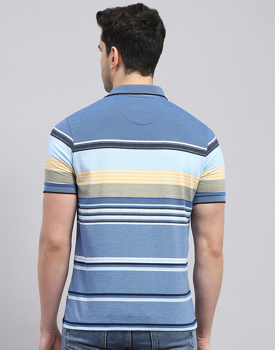 Men Blue Stripe Polo Collar Half Sleeve T-Shirt