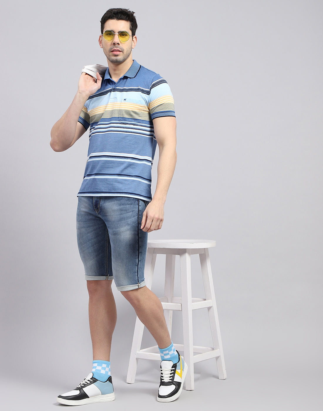 Men Blue Stripe Polo Collar Half Sleeve T-Shirt