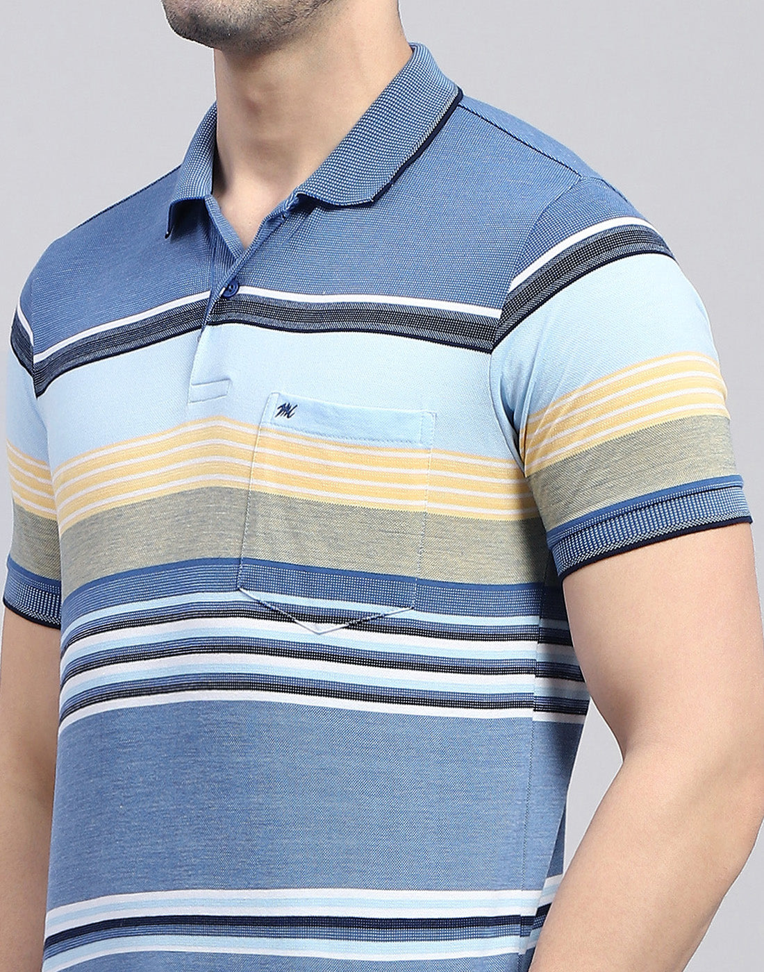 Men Blue Stripe Polo Collar Half Sleeve T-Shirt