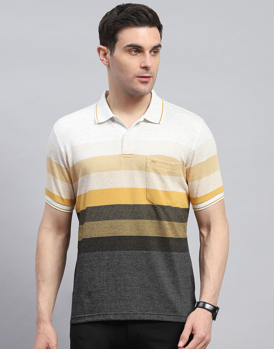 Men Yellow Stripe Polo Collar Half Sleeve T-Shirt