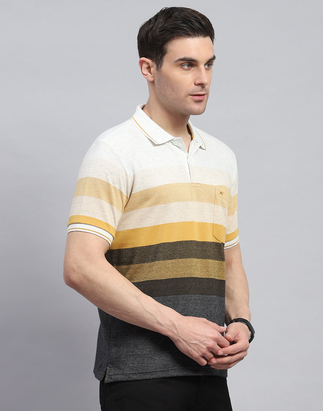 Men Yellow Stripe Polo Collar Half Sleeve T-Shirt