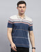 Men Navy Blue Stripe Polo Collar Half Sleeve T-Shirt