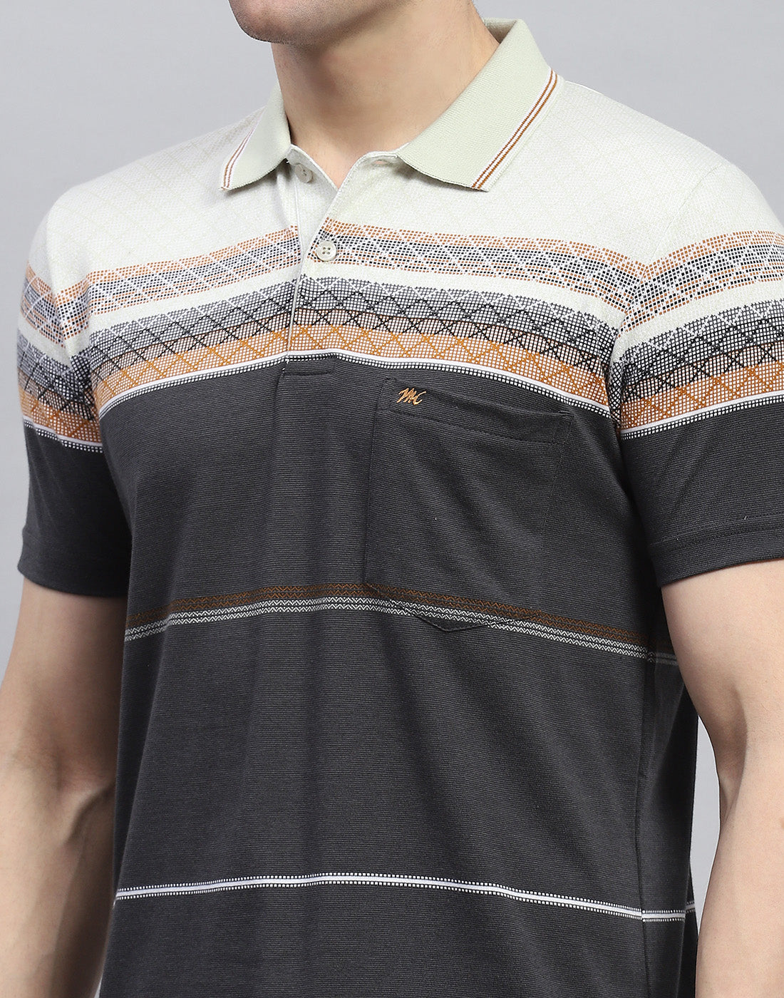 Men Charcoal Stripe Polo Collar Half Sleeve T-Shirt