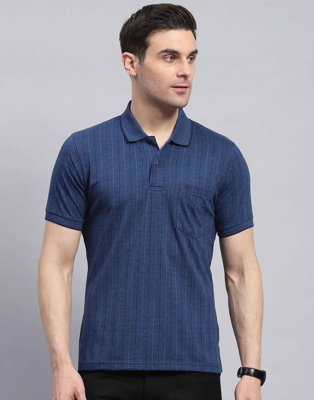 Men Navy Blue Stripe Polo Collar Half Sleeve T-Shirt