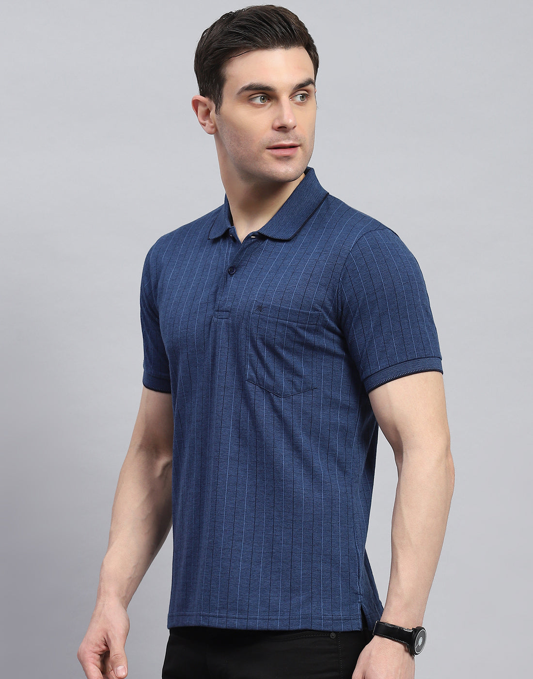 Men Navy Blue Stripe Polo Collar Half Sleeve T-Shirt