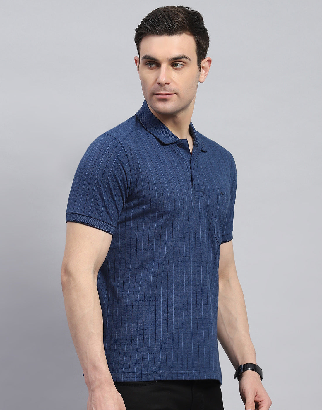 Men Navy Blue Stripe Polo Collar Half Sleeve T-Shirt