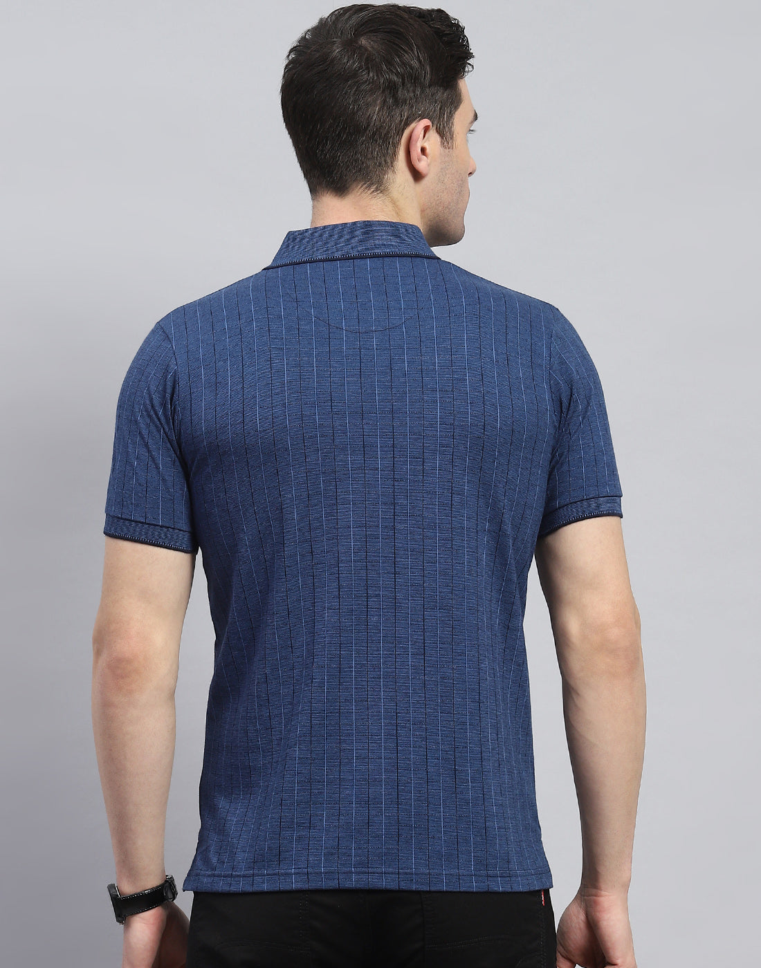Men Navy Blue Stripe Polo Collar Half Sleeve T-Shirt