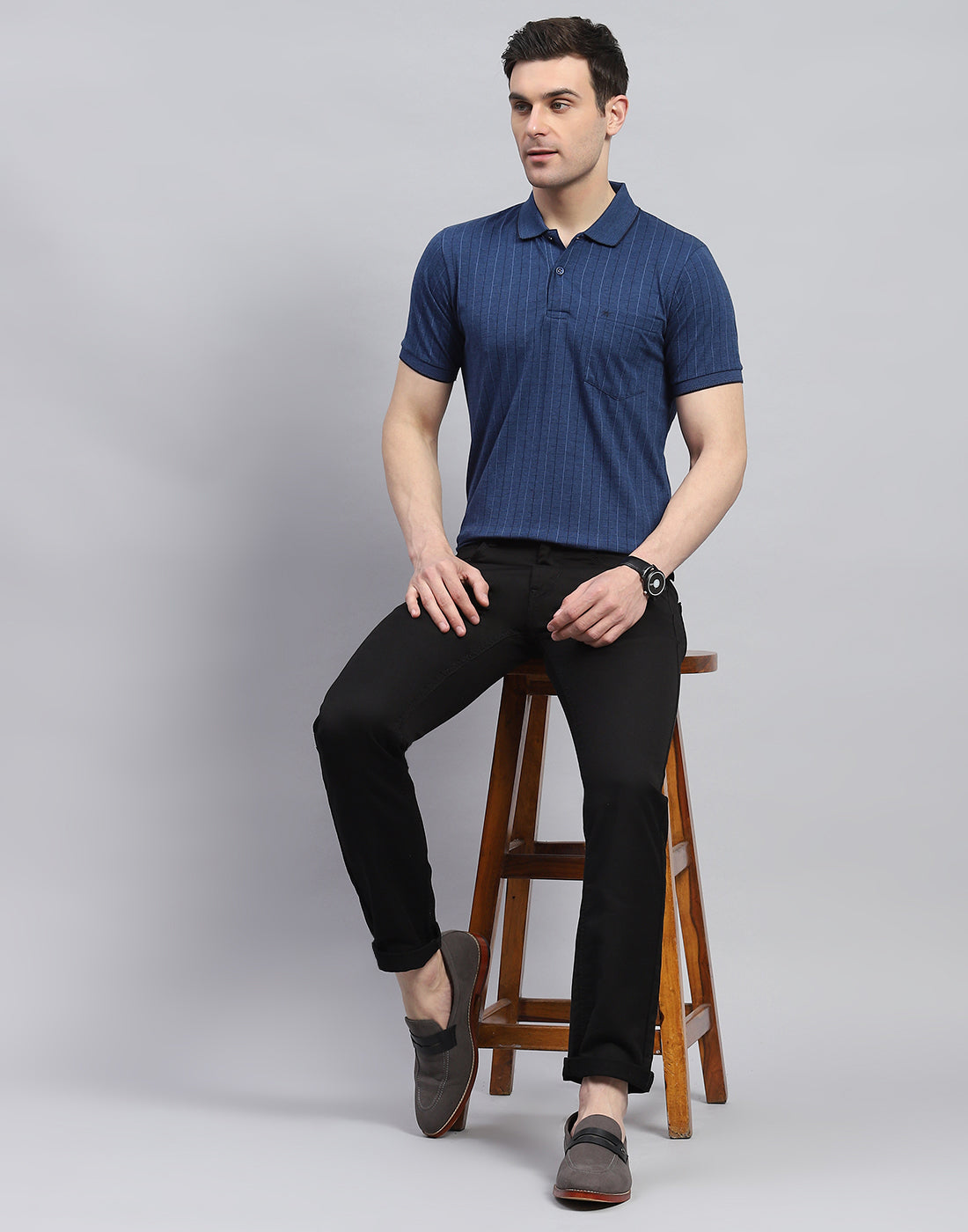 Men Navy Blue Stripe Polo Collar Half Sleeve T-Shirt