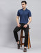 Men Navy Blue Stripe Polo Collar Half Sleeve T-Shirt