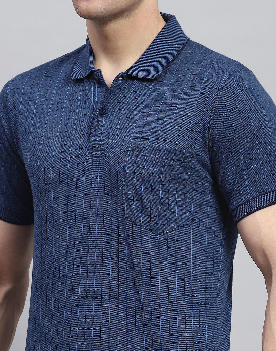 Men Navy Blue Stripe Polo Collar Half Sleeve T-Shirt