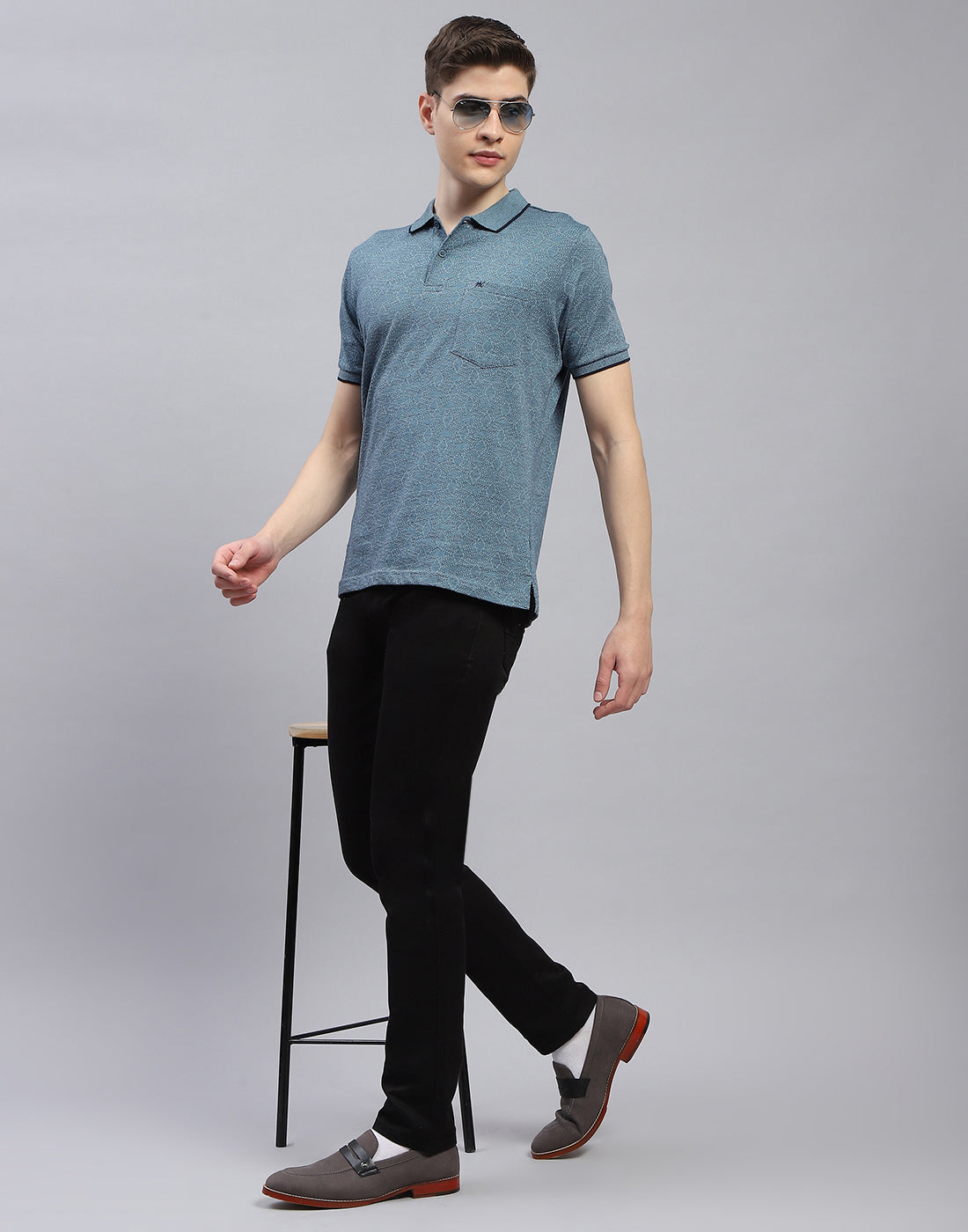 Men Blue Stripe Polo Collar Half Sleeve T-Shirt