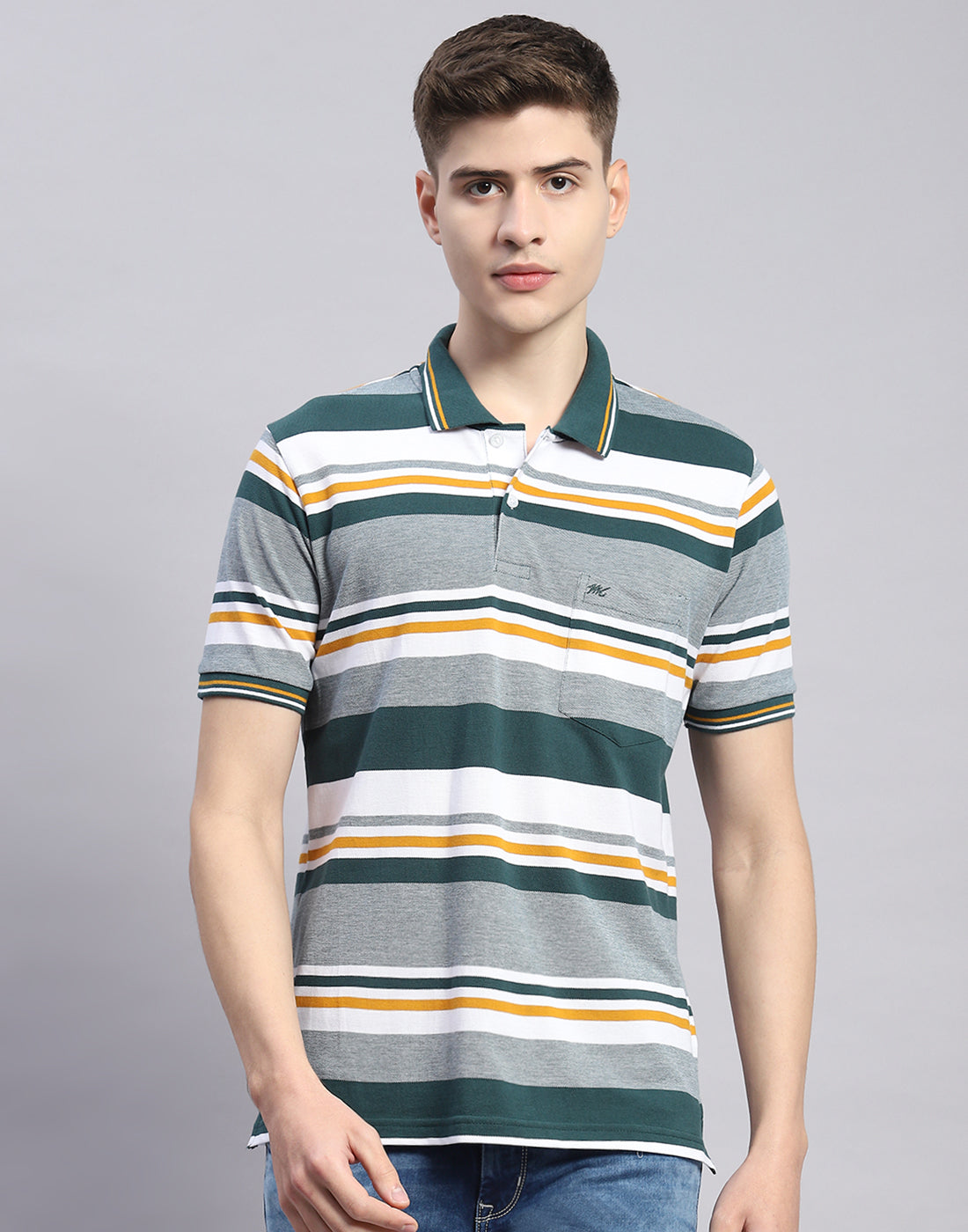 Men Green Stripe Polo Collar Half Sleeve T-Shirt