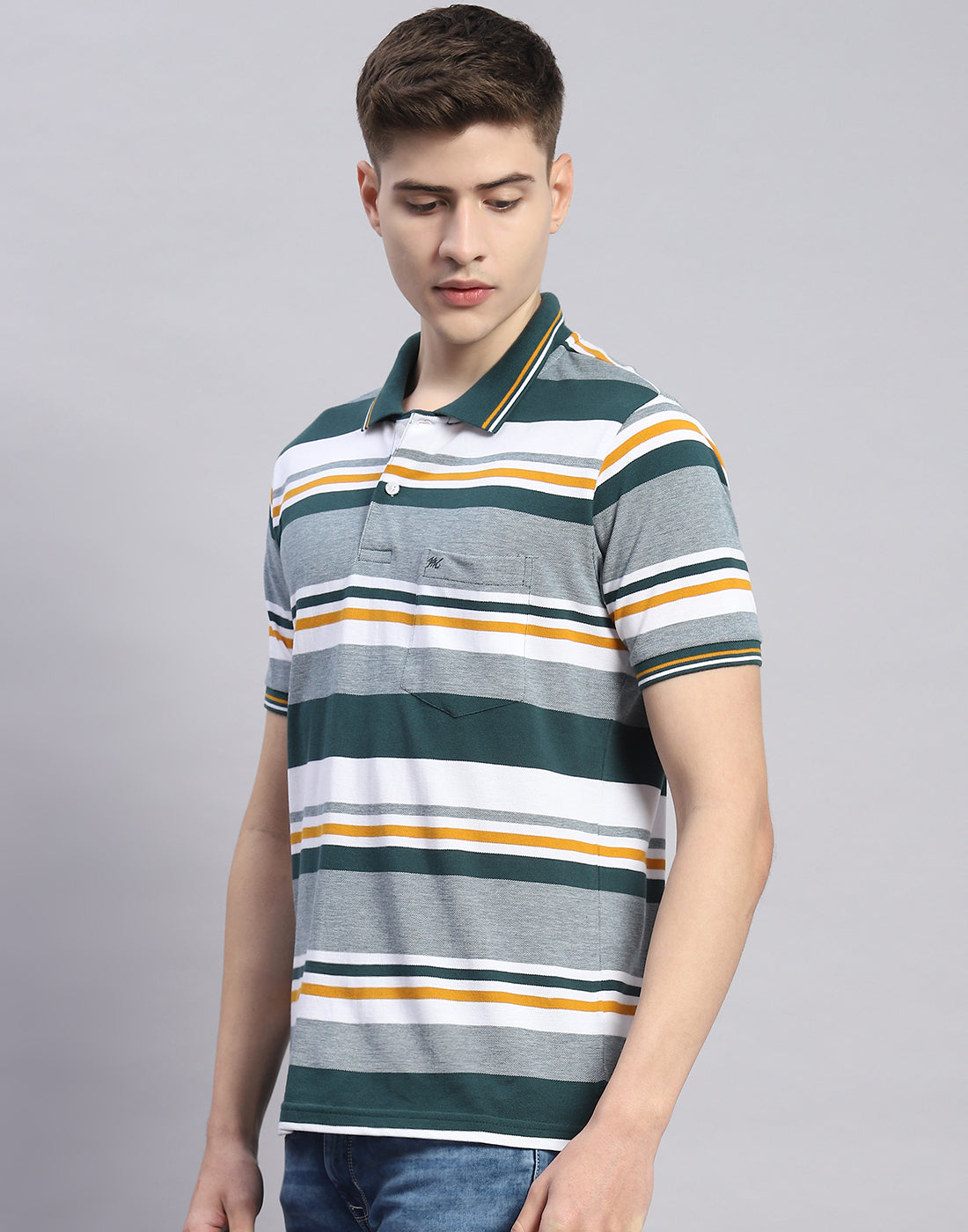 Men Green Stripe Polo Collar Half Sleeve T-Shirt