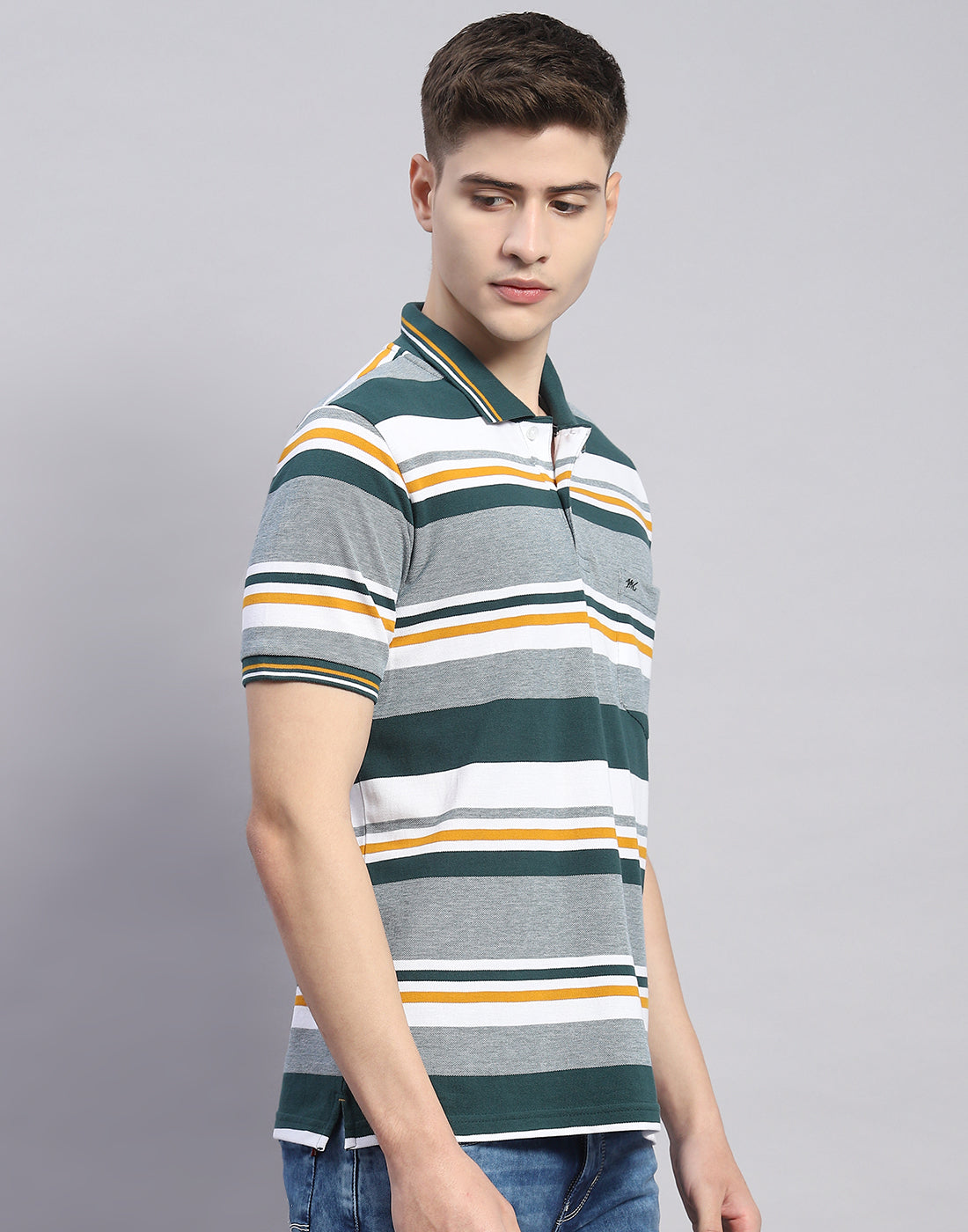Men Green Stripe Polo Collar Half Sleeve T-Shirt